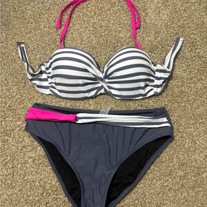Striped Black and White Bikini Set with Pink Accents